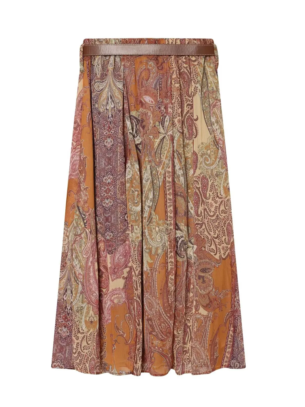 Women's A-Line Midi Skirt with Belt Decoration Paisley Print High Waist Polyester Fiber Zipper Closure Summer Season China Made