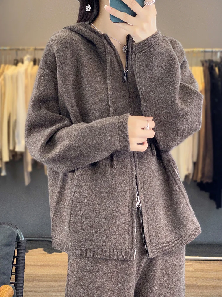 High-end Thicken 100% Wool Zipper Cardigan Women Hooded Knitted Coat Fashion Loose Plus Size Jacket Double zipper Winter Sweater