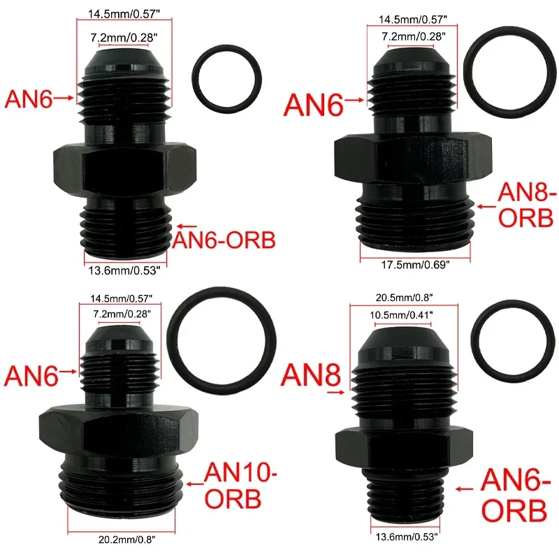 4X adaptador macho de ajuste de manguera de línea de combustible ORB-6 ORB-8 ORB-10 ORB-12 junta tórica Boss a 6AN 8AN 10AN 12AN conector de llamarada de aluminio negro
