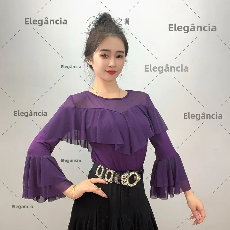 fall-new-women's-dance-costume-long-sleeve-round-neck-modern-dance-top-elastic-square-dance-performance-clothes