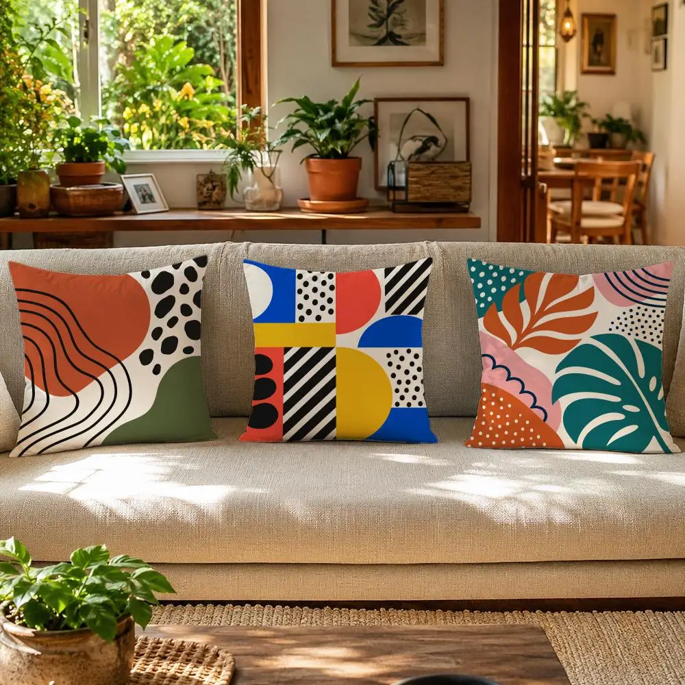 Colorful Abstract Mid Century Cushion Cover Skin-Friendly Organic Linen Pillow Cover Durable Hypoallergenic Washable Soft