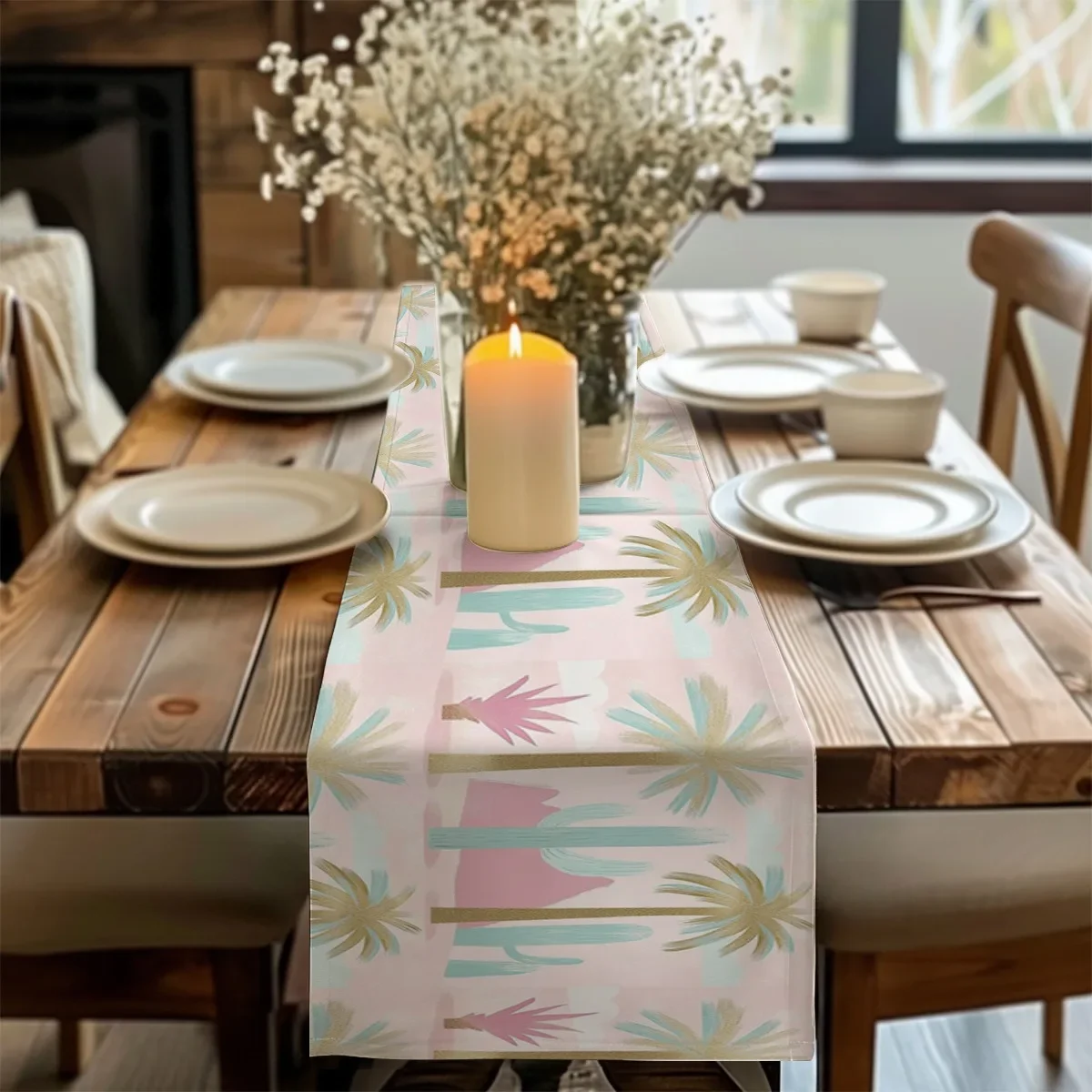 

Print Table Runner Palm Trees and Cactus Desert Bohemian Style Tablecloth Perfect for Home Kitchen Decor, Party