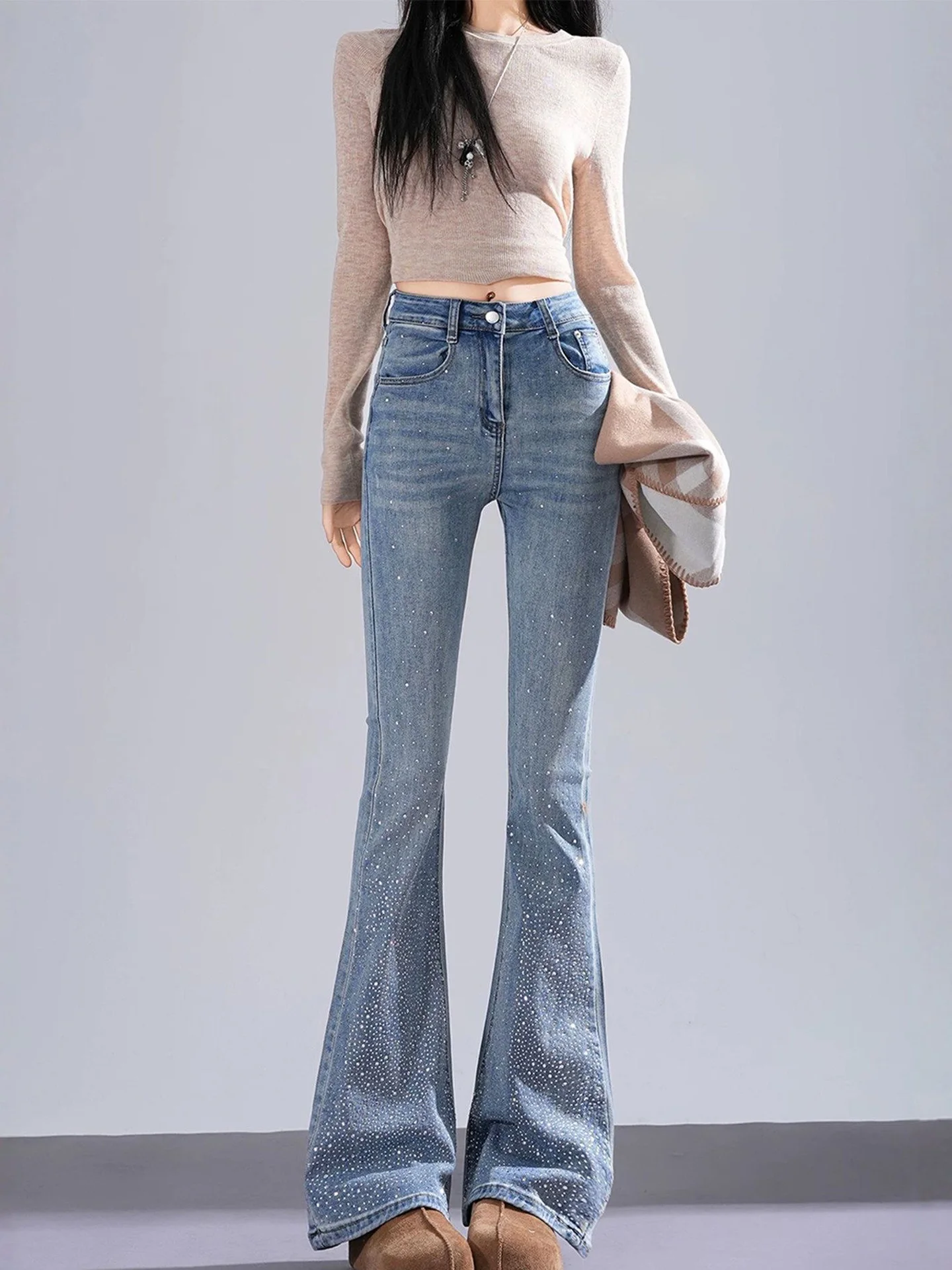 

Американские джинсы-клеш с высокой талией для женщин, летние, новые, с эффектом потертости, утягивающие, со стразами, микро-клеш, из денима