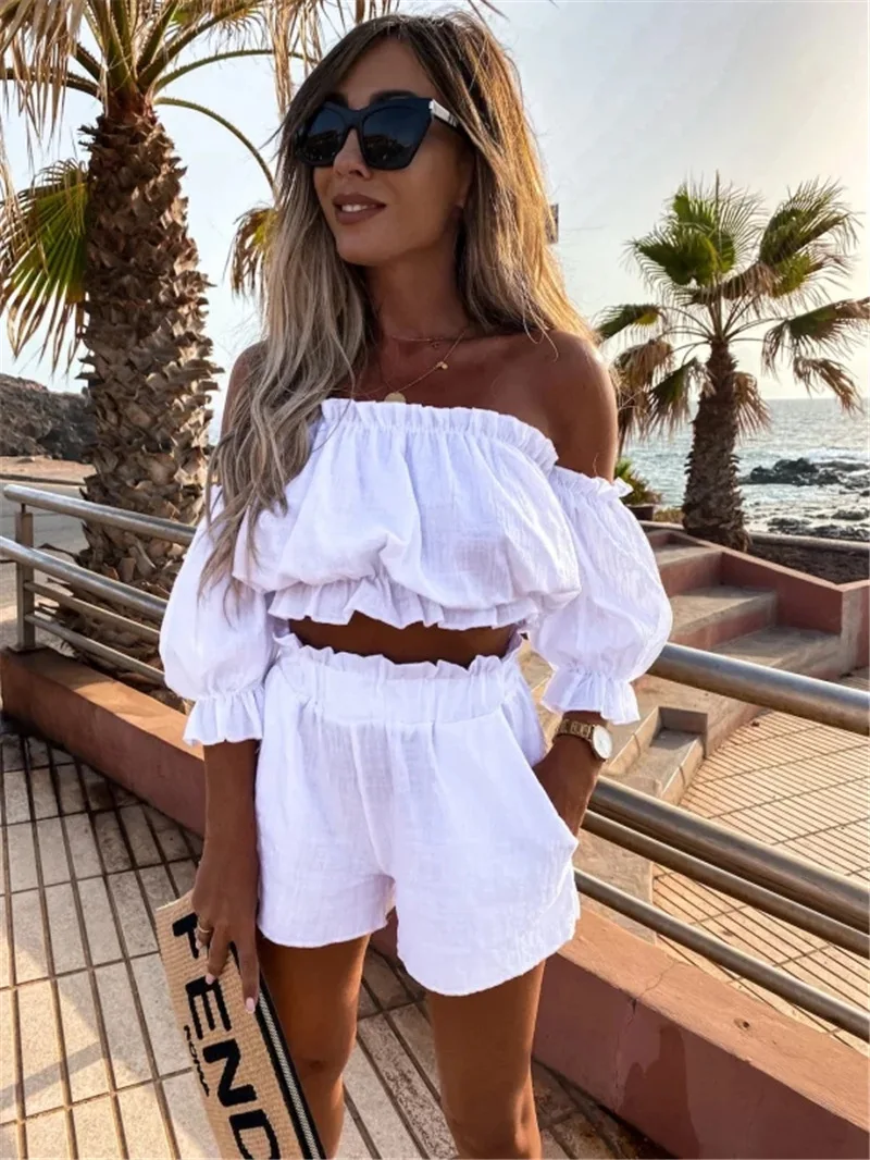 

Summer Women Casual 2 Pieces Outfits Cotton Linen Suit Solid Color Off-Shoulder Short Sleeve Top High Waist Shorts Set Playsuits