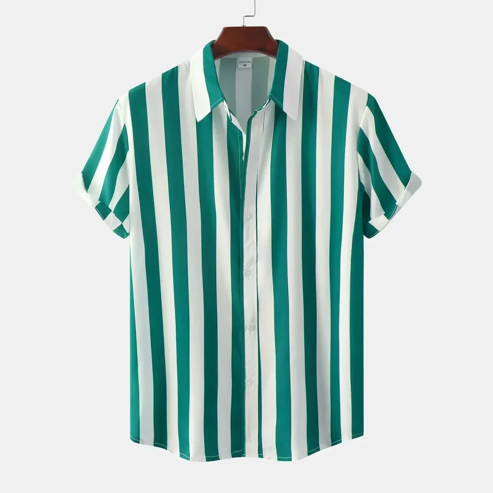 Summer New Men's Striped Shirts Fashion Short Sleeve Casual Shirts Man Classic Simple Tops Cardigan Oversize Blouse Male Hawaii