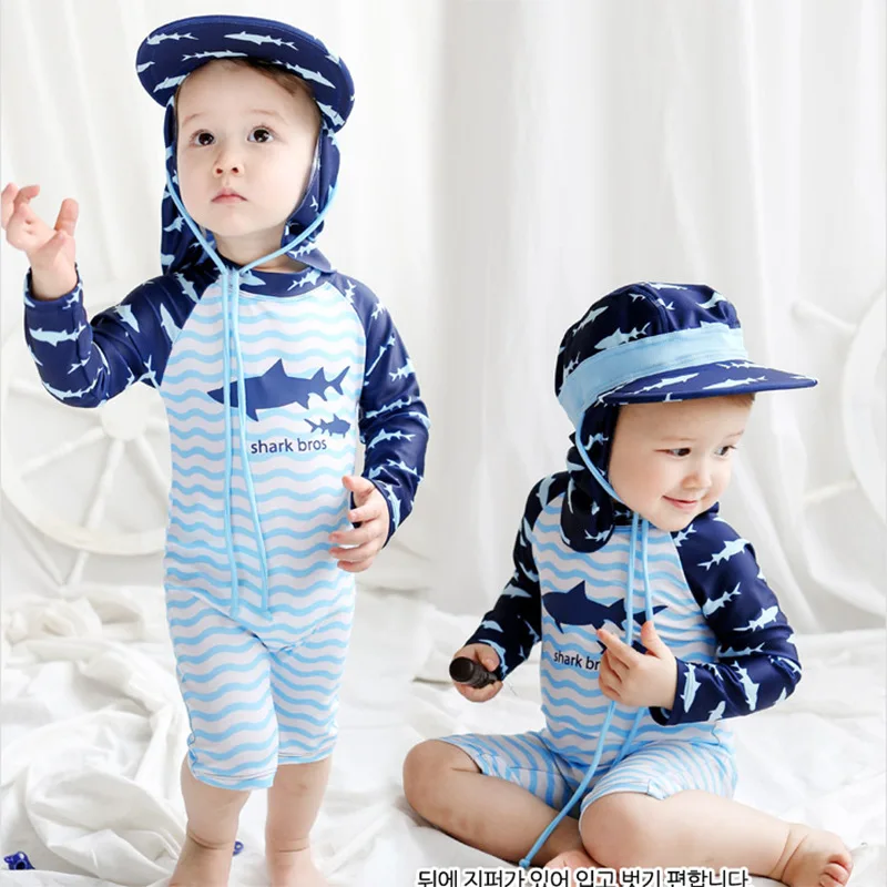 New Boys One-piece Swimsuit + Sun Hat Kids Cartoon Shark Long Sleeve Sun-protective Quick-dry Surfing Bathing Suit Baby Swimwear