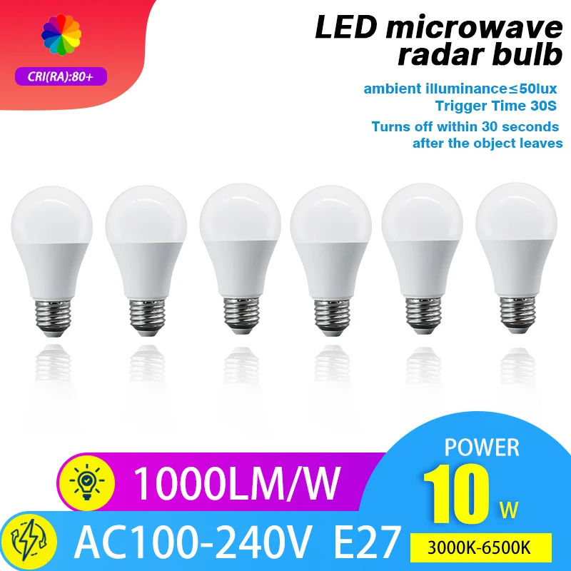 

6 шт. светодиодных ламп E27 с датчиком движения, энергосберегающие, 10 Вт, автоматическое включение/выключение, микроволновый радарный датчик для дверных проемов и лестниц