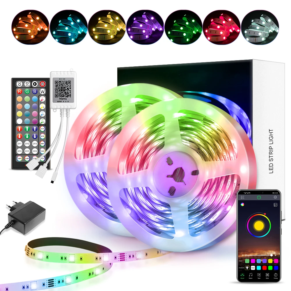 Taśmy LED 5-40M RGB Synchronizacja muzyki Zmiana koloru, Światła LED Bluetooth z inteligentnym pilotem aplikacji, Światło LED do wystroju domu