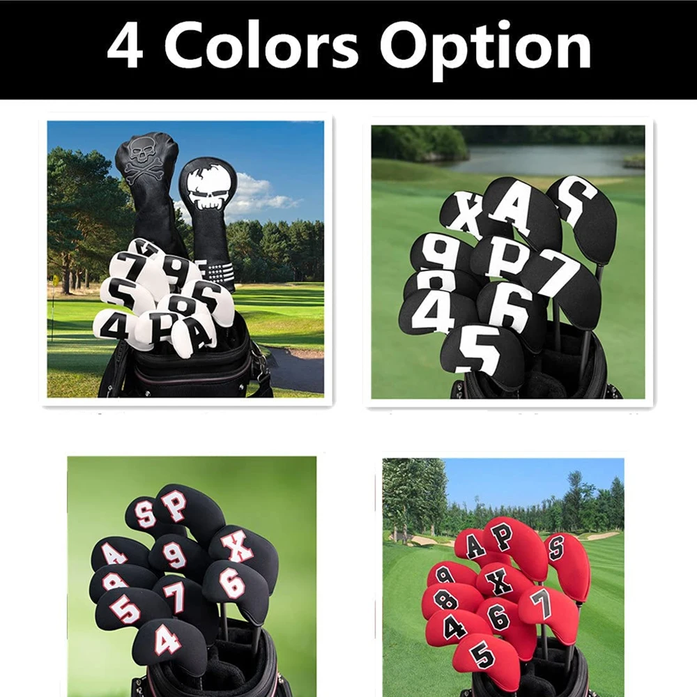 10Pcs/set Big Number Neoprene Golf Iron Covers Set - Club Head Covers- Wedge Iron Protective Headcover(Black-Large White)