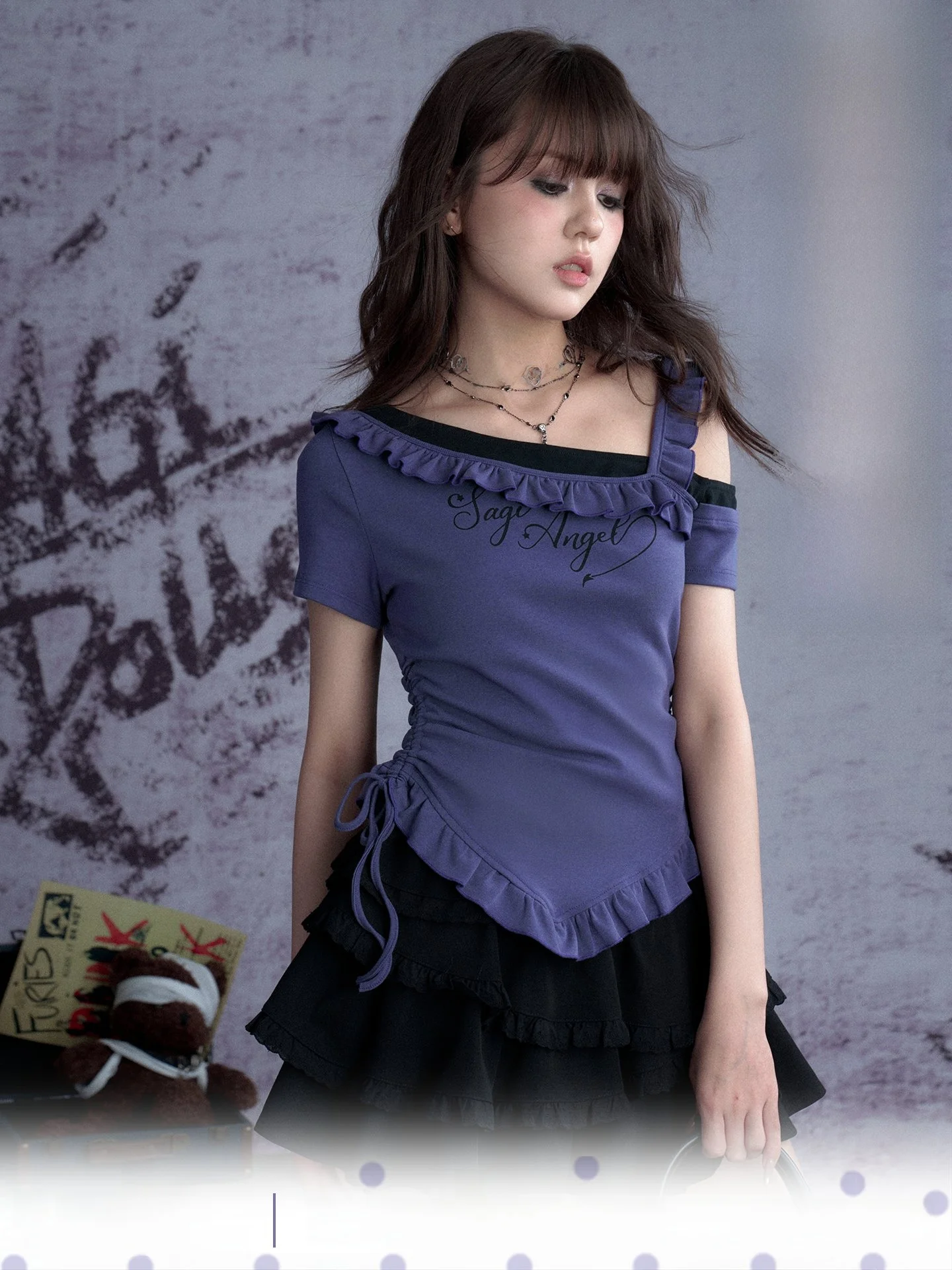 

SagiDolls Sweet Purple Асимметричный топ H-ape Qui Transformation с тонкой талией и принтом Splice ort Sve Женская футболка Лето