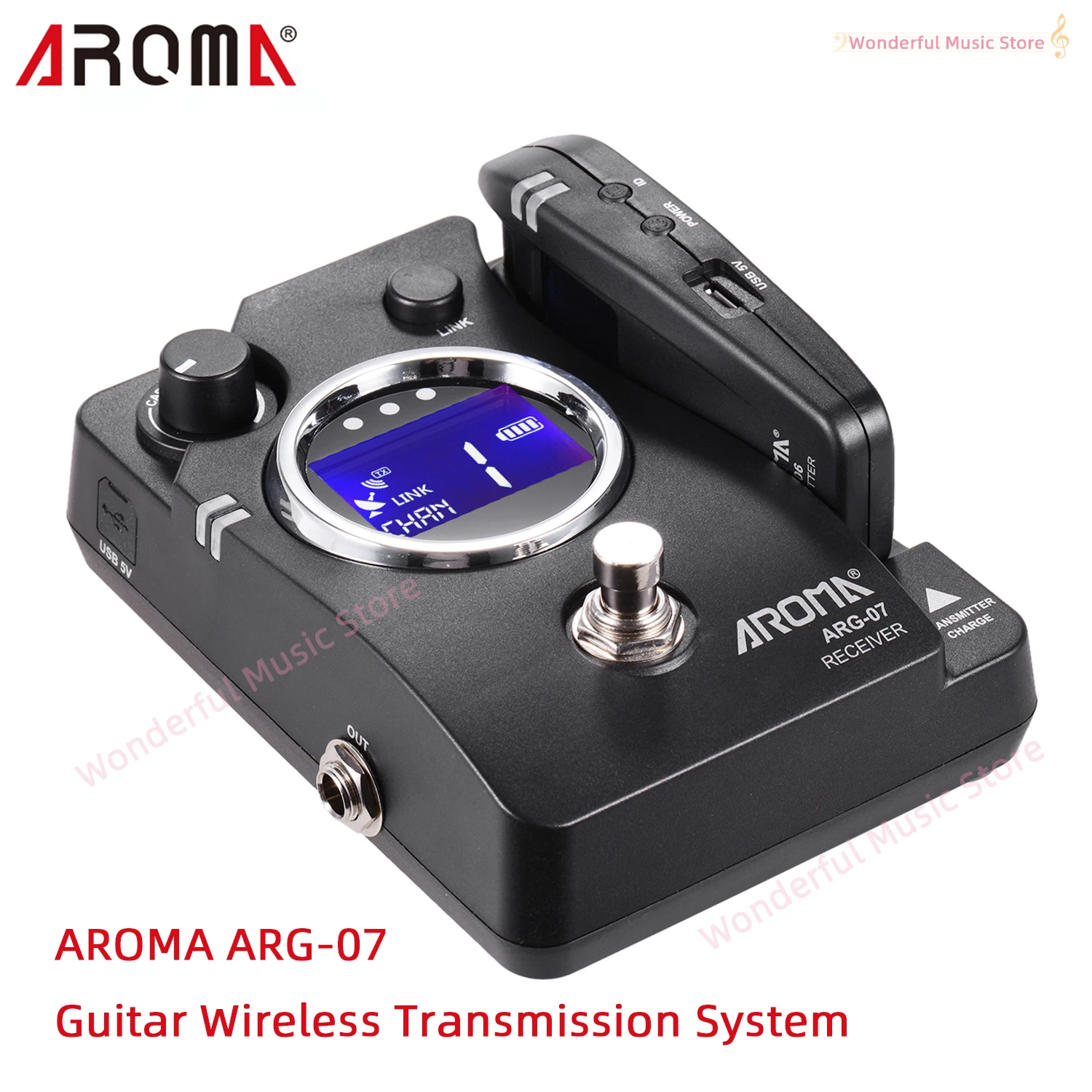 AROMA ARG-07 Guitar Wireless Transmission System Transmisster Receiver 6.35mm Plug LCD Display 4 Channels Max. 35m Range guitar