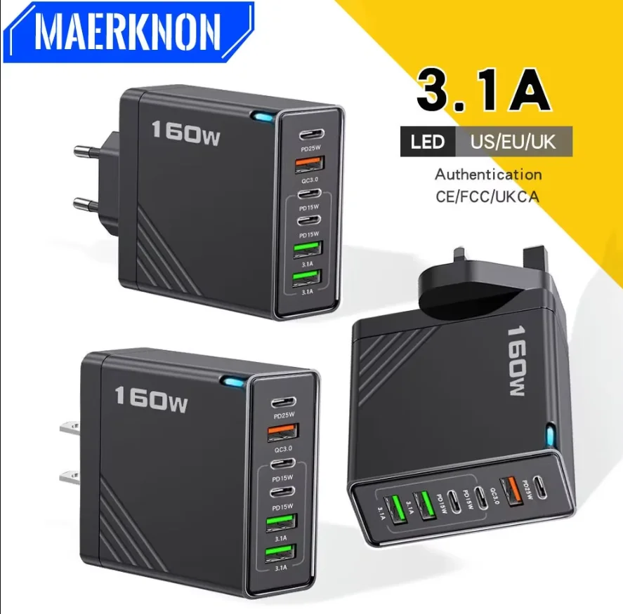 160W 멀티 포트 USB 충전기 타입 C 고속 충전 EU/US 플러그 벽면 충전기 (아이폰, 삼성, 화웨이 휴대폰용)