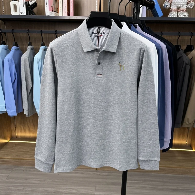 Frühling Herbst Trendiges 100% Baumwolle Herren-Poloshirt mit Aufdruck und Kragen, Einfarbiges Langarm-T-Shirt, Bequeme Freizeitkleidung für Männer – Detail 8