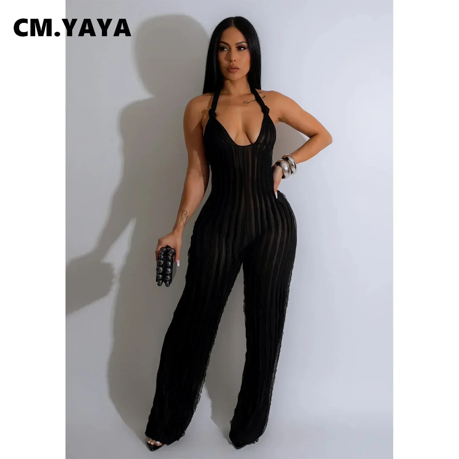 CM.YAYA Fashion Ruffles Women Halter Deep V-neck Backless Wide Leg Jumpsuit 2024 Sleeveless Chic Playsuit One Piece Suit Romper