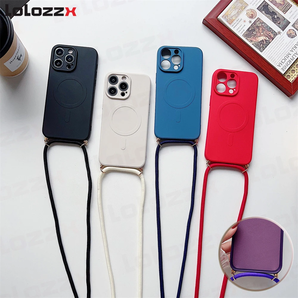 

Crossbody Lanyard Strap Magnetic For Magsafe Silicone Phone Case For iPhone 13 12 14 Pro Max 11 X XR XS 7 8 Plus Mini Back Cover