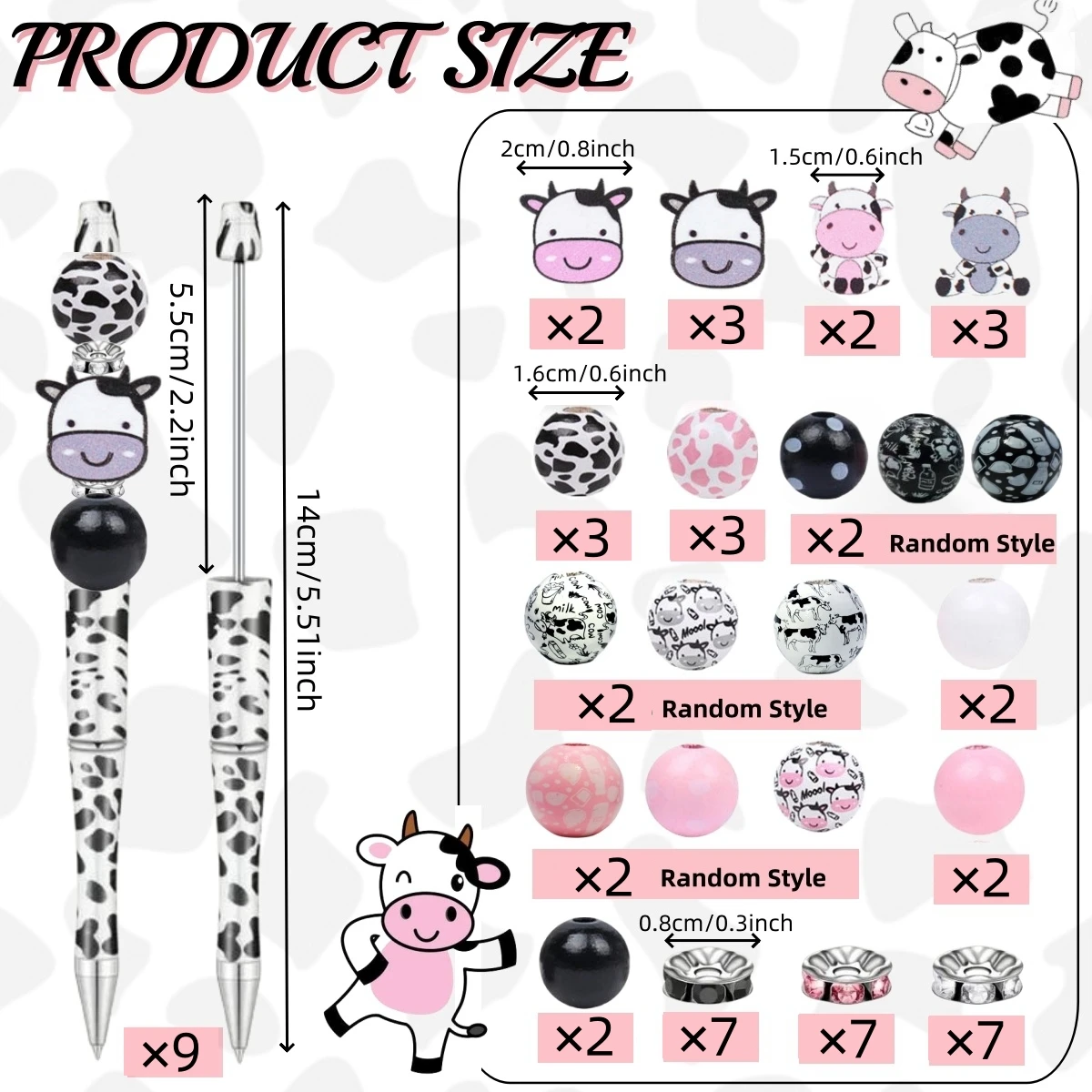 9 pcs  cute cow themed black ink DIY bead ballpoint pen and cute cow shaped wooden beads, glitter set, office and school supplie