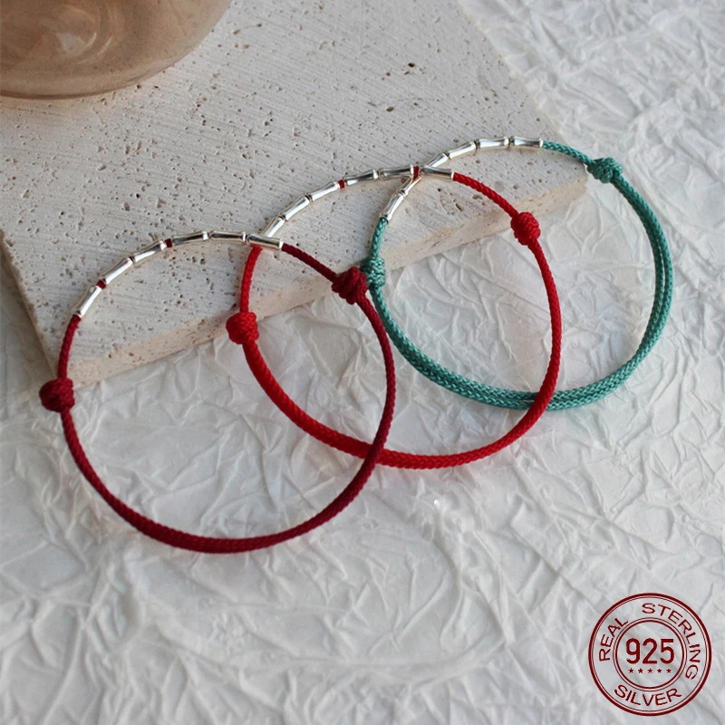 13–19–25 cm Länge, anpassbare Seilarmbänder aus 925er-Sterlingsilber, Bambus, grün, rot, Fadenlinie, Schnurarmbänder für Frauen und Mädchen