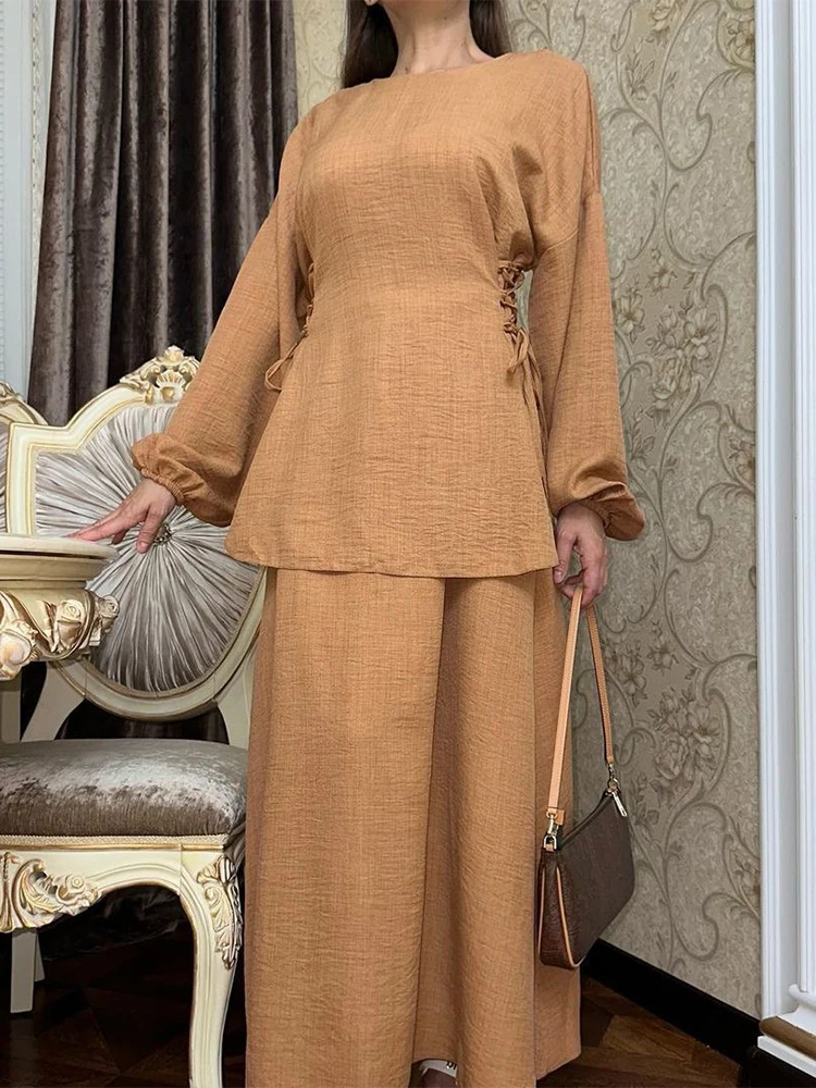 Solidne skromne zestawy dla muzułmanek, bluzki i sukienki z długim rękawem, afrykański codzienny kaftan, odzież islamska, sznurek do ściągania