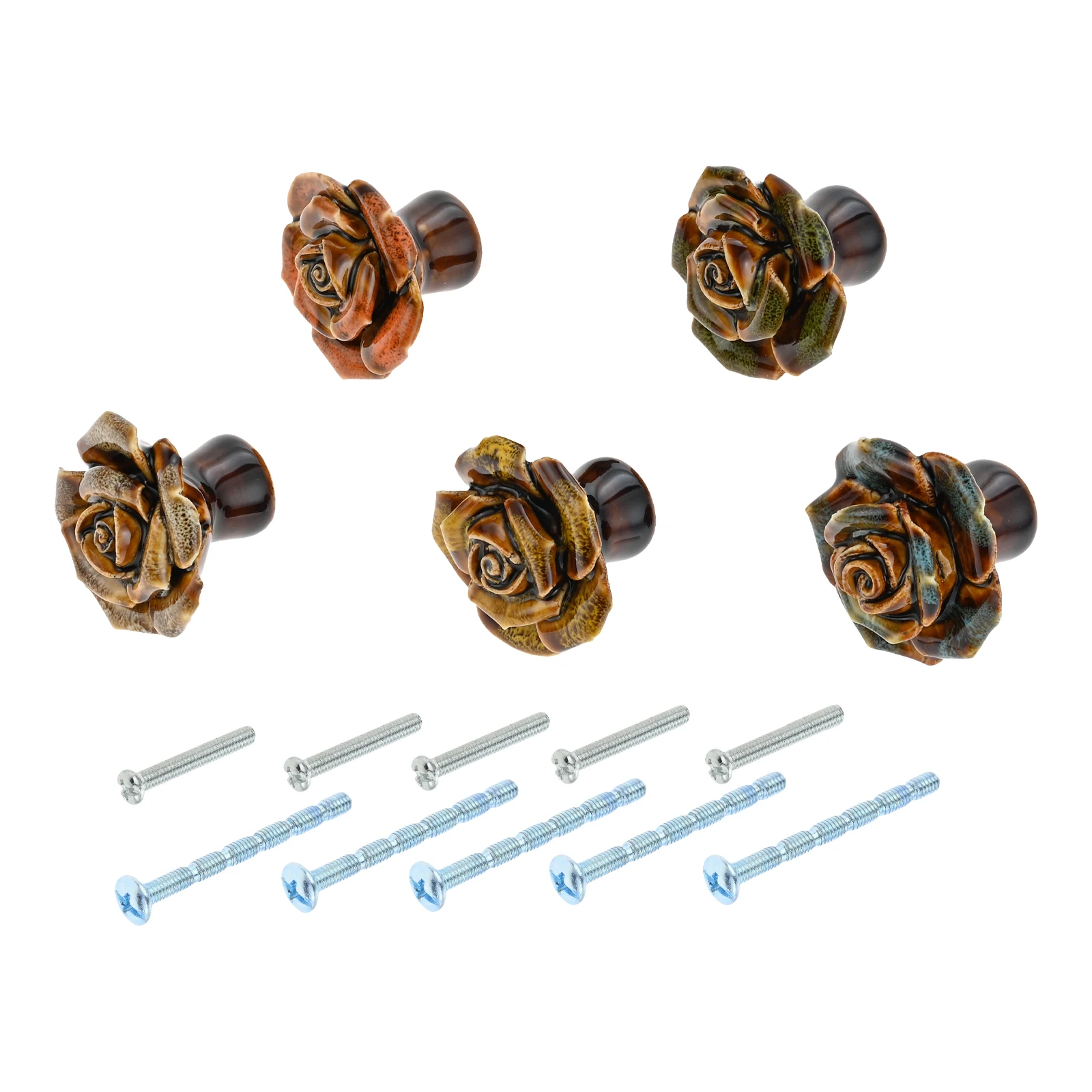 5pcs Colorful Ceramic Flower Pull Handle w/screw 3D Rose Shape Glazed Leopard Pattern Knobs Decor Furniture Doors Cabinet Drawer