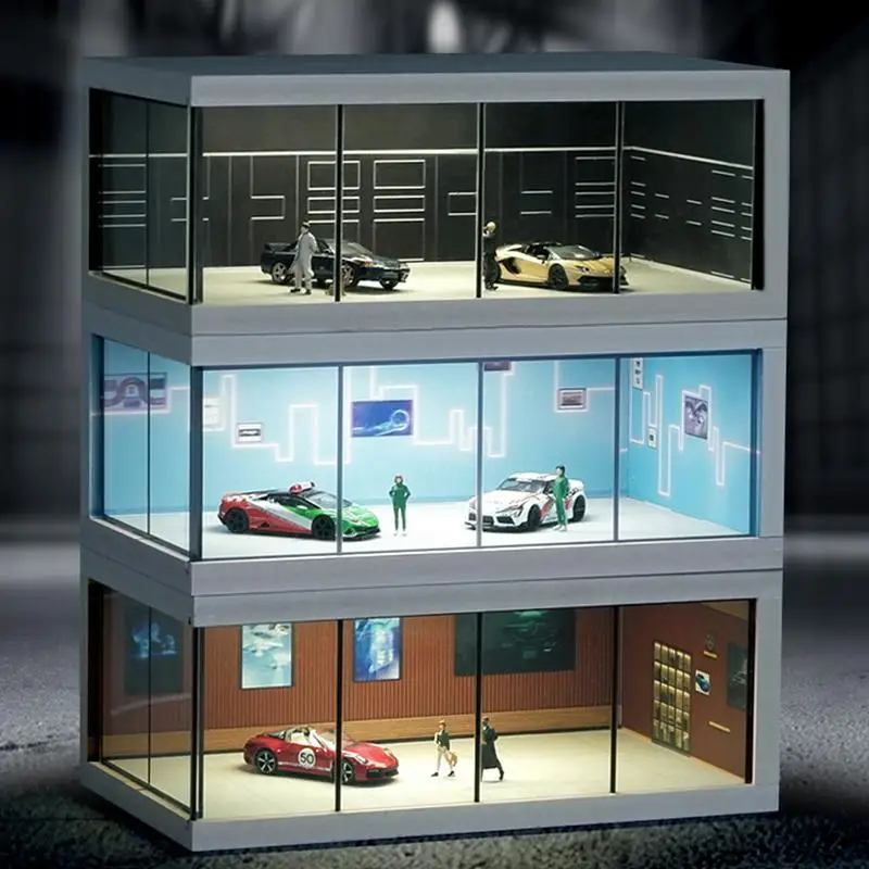 LED Show Case With Lights 1/64 Scale Model Car Display Cabinet Realistic Parking Lot Stackable Vehicle Toy Organizer With Light