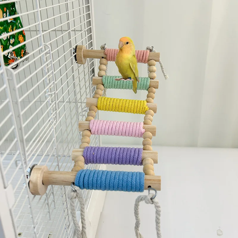 

Colorful 6 Steps Parrot Wooden Ladder with Hemp Rope Winding Decor Bird Cage Accessories Rest Stand Poles Fly Pet Soothing Toys