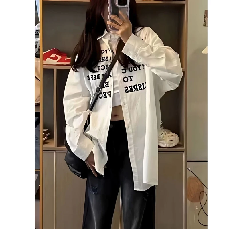 

White Print Letter Trend Shirt Tops Polo Neck Loose Simplicity Youth Casual Blouse Spring Autumn Fashion Korean Women Clothes