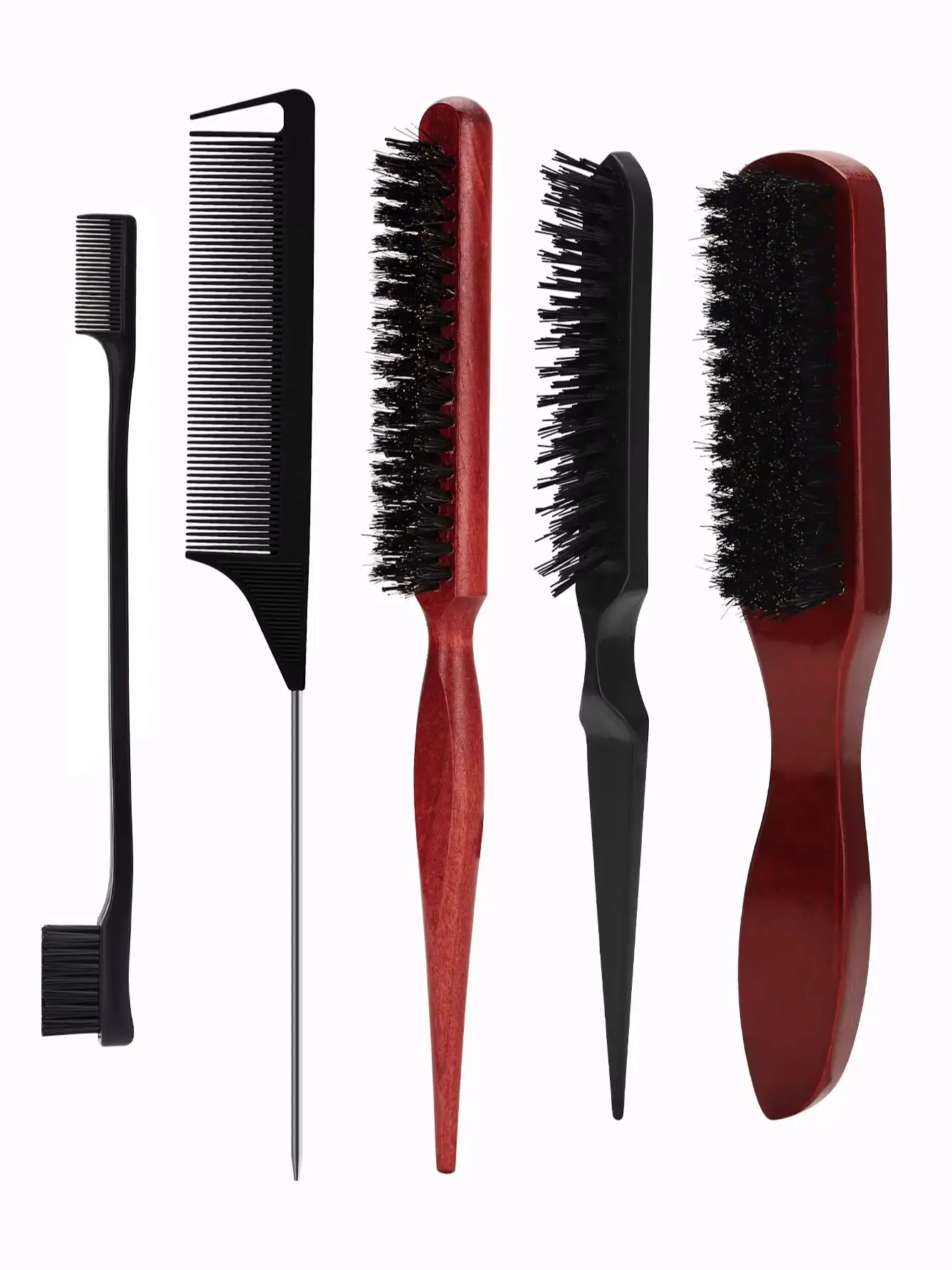 5-Piece Hair Brush and Comb Set with Edge Control - Nylon Bristle Brushes for Detangling, Teasing, and Smoothing