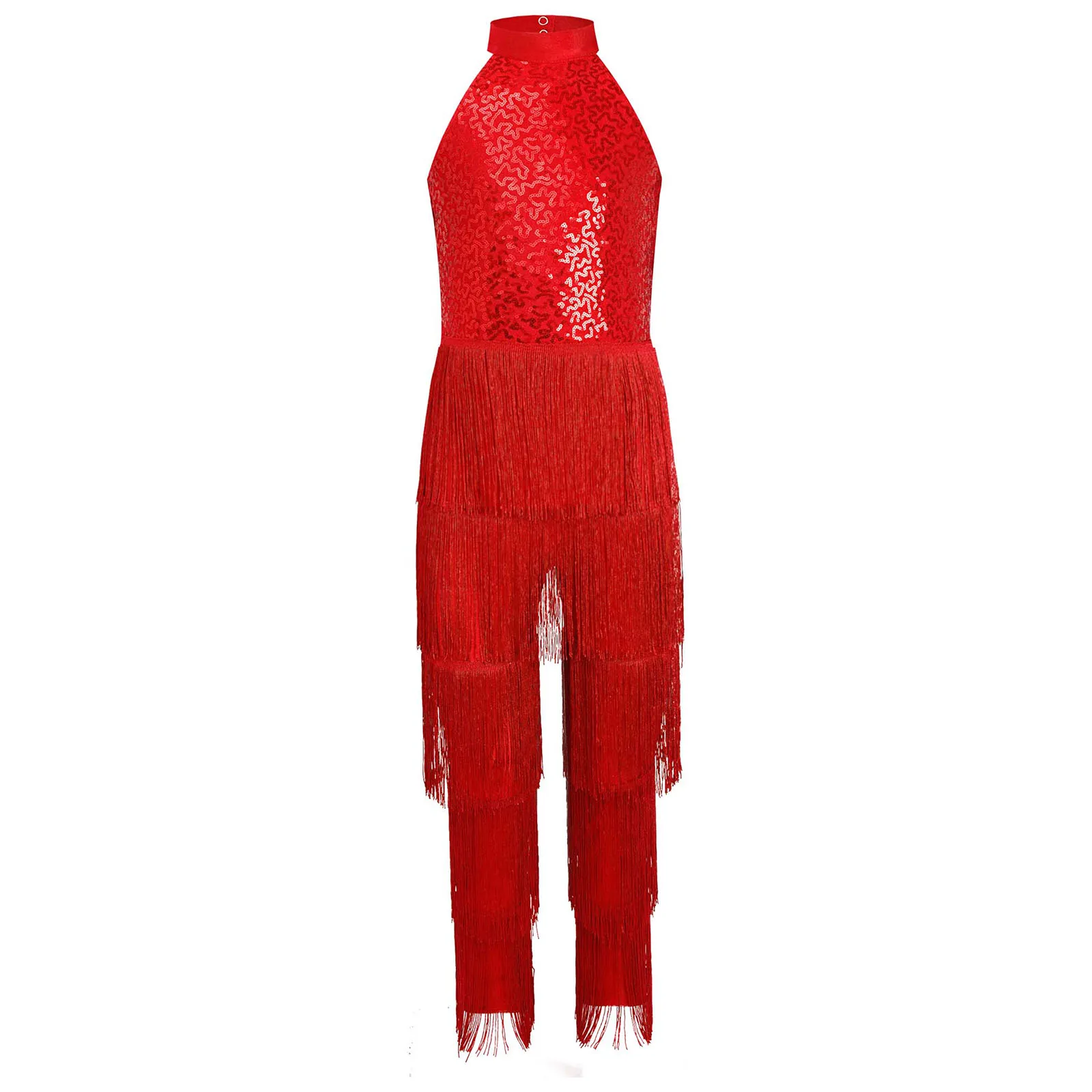 Children Girls Latin Dance 70s Disco Cha-cha Salsa Ballroom Tango Jumpsuit Sleeveless Sequin Tiered Tassels Bodysuit Dancewear