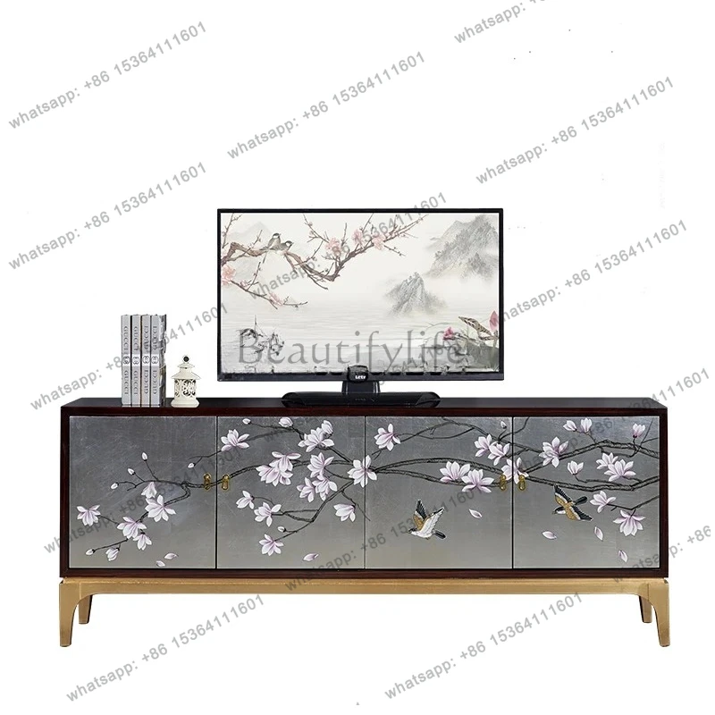 

new Chinese modern living room coffee table TV cabinet combination silver foil paint painted solid wood floor cabinet