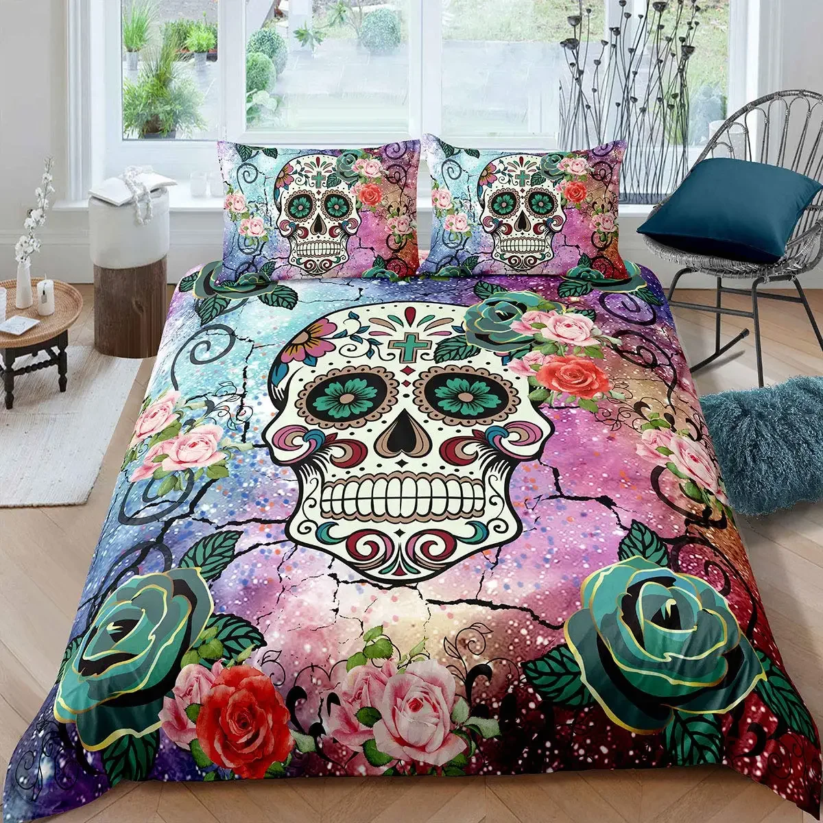 Floral Sugar Skull Duvet Cover Set King Size Bedding Set Sugar Skull Decor Comforter Cover Skull Bones Skeleton Roses Bed Sets