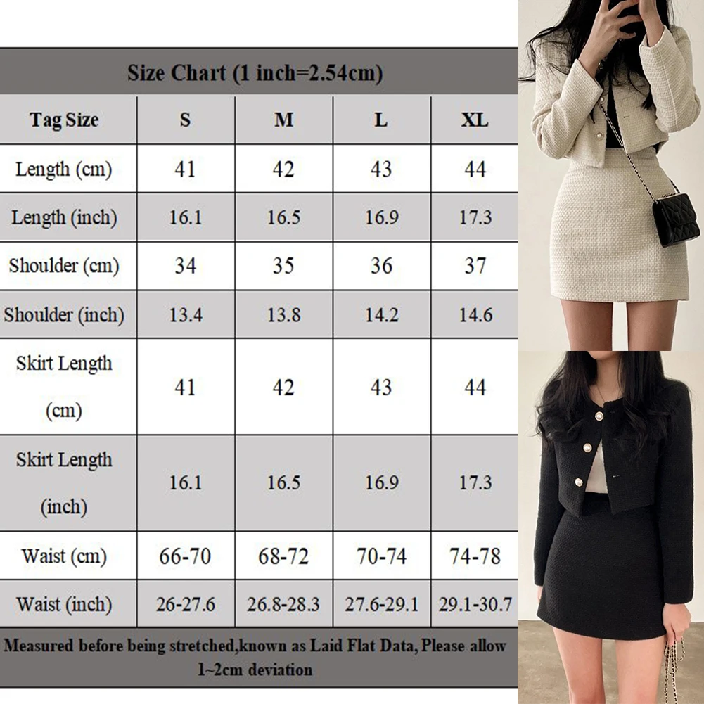 المرأة الخريف تويد أزرار اللؤلؤ سترة وتنورة ألف خط 2PCS مجموعات بدلة أنيقة