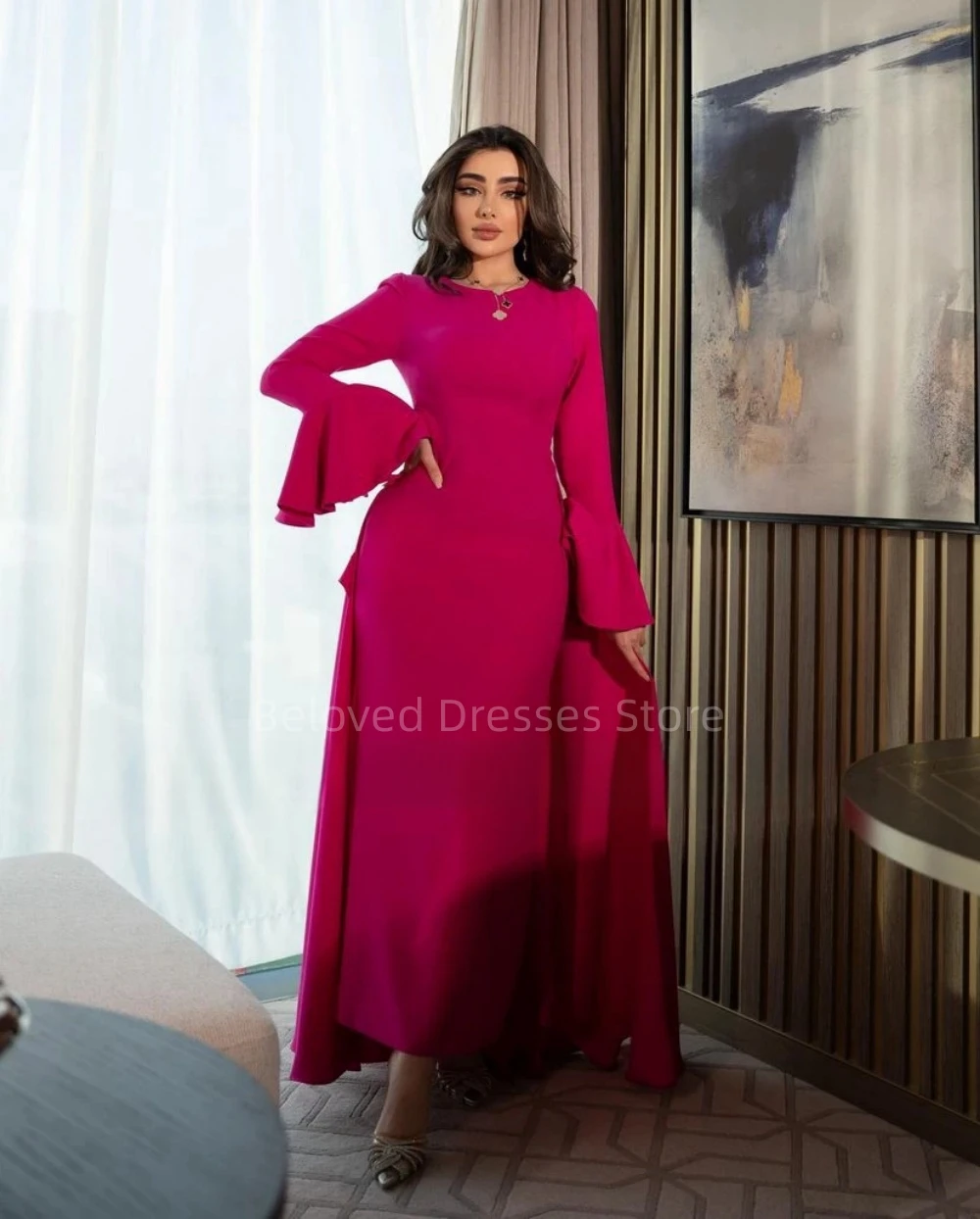 Fashion Design Satin A-Line Formal Occasion Dresses Elegant Full Sleeves Prom Dresses Vestidos Para Mujer Elegantes Y Bonitos