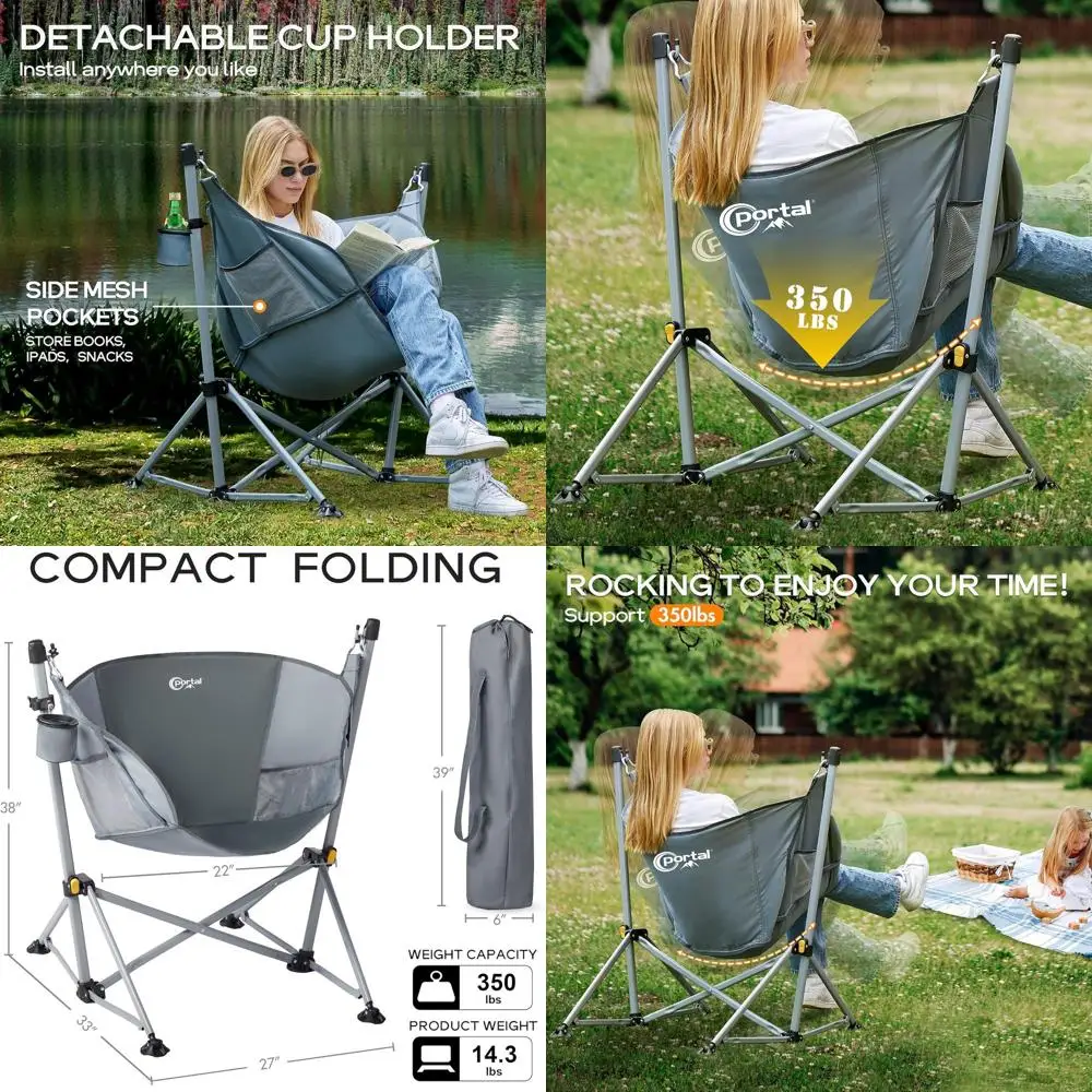

Portable Grey Hammock Chair with Rocking and Swinging Features for Outdoor Use, Supports 350 lbs, Ideal for Lawn and Garden