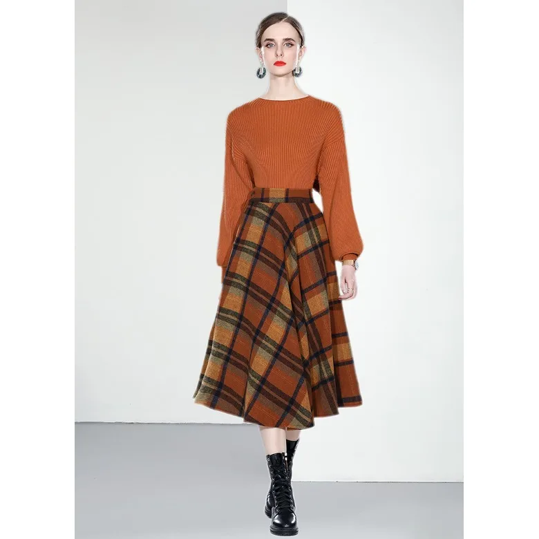 

Korean Faion Long Sve Sweater + Tweed Skirt Two-Piece Set Polyester Fabric Autumn Seasonal Release Ele Ensemble
