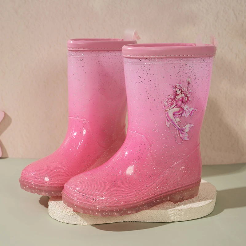 Toddler Girls Pink Glitter Rain Boots Mermaid Print Waterproof Soft Non-Slip Rubber Sole for Outdoor Rainy Season Daily Wear