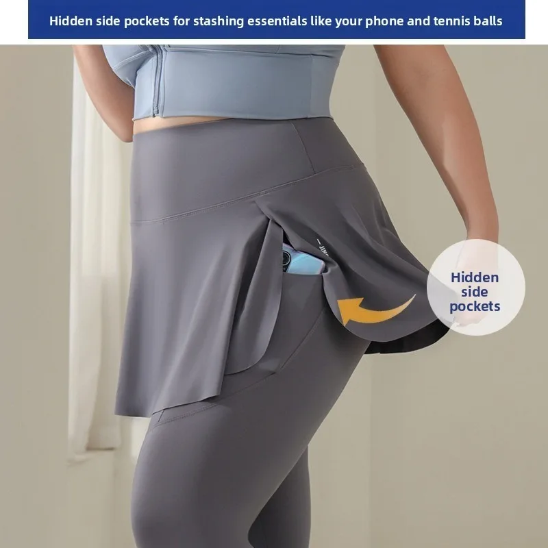 Gonna-pantalone sportiva a vita alta con apertura all'inguine, taglie forti, design con tasche, lunghezza capri, per fitness e attività all'aperto, elasticizzata, traspirante e morbida