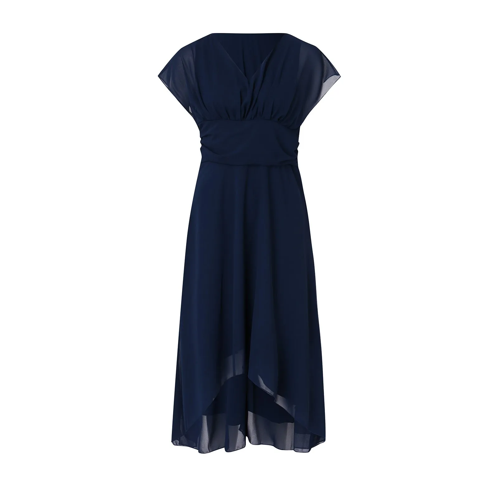 Elegant Evening Long Dresses Ruffles Sleeve Pleated V-Neck Midi 2024 Ever Pretty Of A-Line Navy Blue Chiffon Wedding Guest Dress