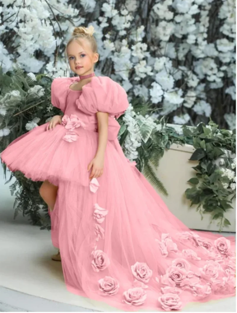 Robes de demoiselle d'honneur champagne, fleurs 3D avec queue et nœud, manches courtes bouffantes, robe de princesse pour mariage et anniversaire