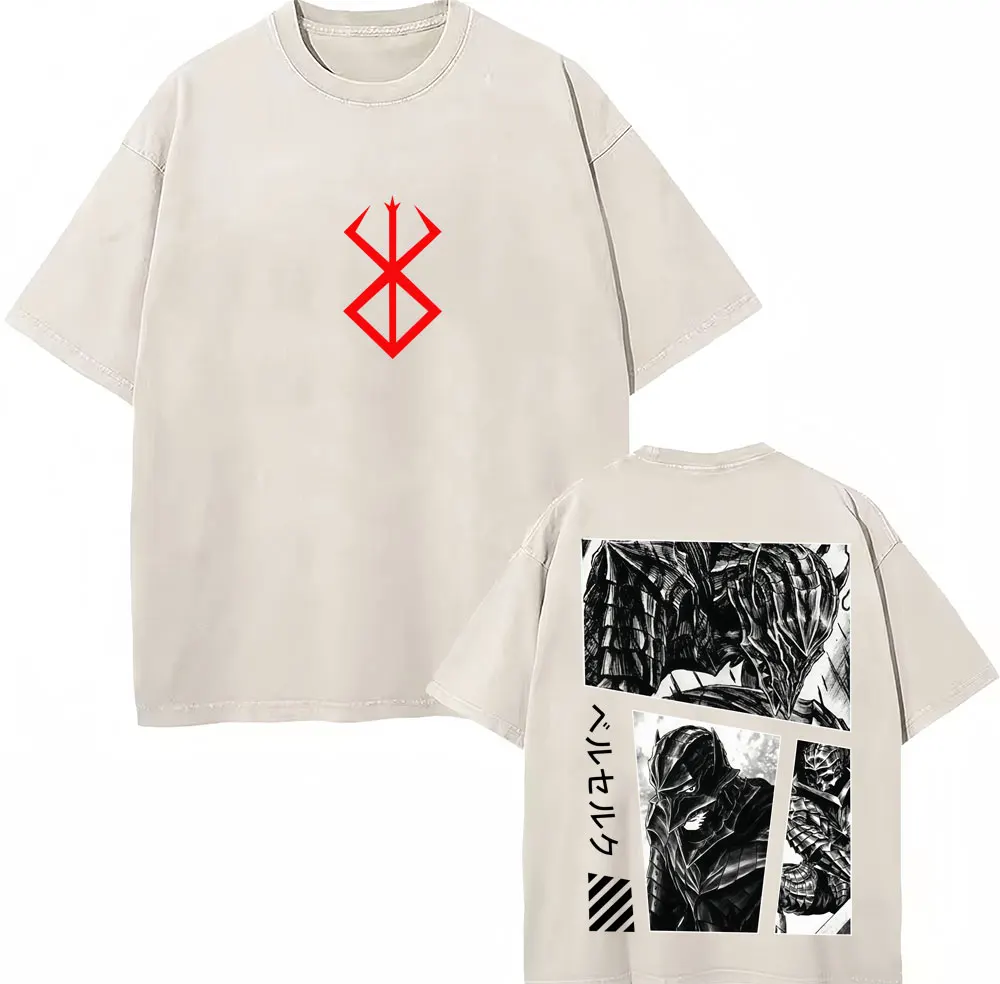 Anime Berserk Guts Griffith Swordsman Vintage Washed T Shirts Men Women Hip Hop Fashion T Shirt Cotton Casual Oversized T-Shirt
