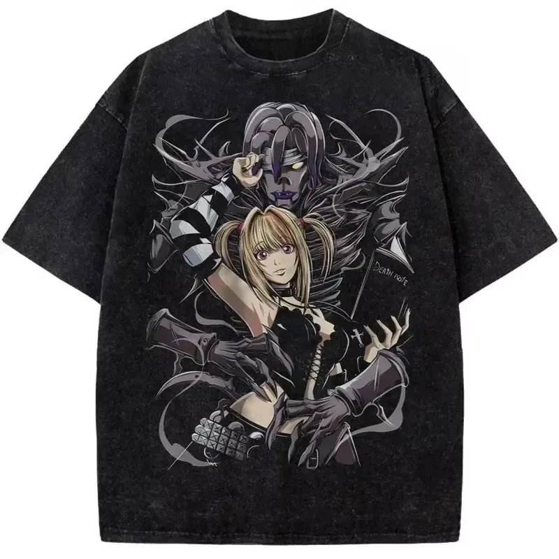 MisaMisa Death Note Washed T-shirt Streetwear Trendy Cotton Oversized Unisex Printed Cotton Neutral O-Neck Short Sleeve Couples