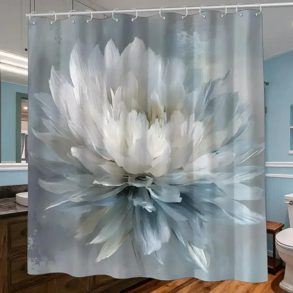 Shower Curtain – Soft White & Misty Blue Floral Masterpiece, 12 Hooks, 70.87x70.87 Inch World Art Day Inspired Home Decor