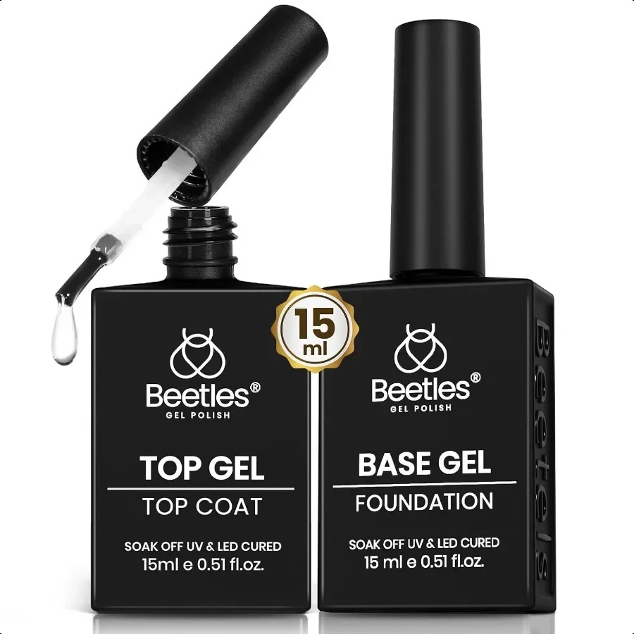 

Beetles No Wipe Gel Top Coat and Base Coat Set для гель-лака 2 шт. 15 мл — блестящая и долговечная для замачивания светодиодной лампы для ногтей Na