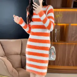 Korean Simple Autumn Winter V-neck Sweater Dress Long Sleeve Women Imitation Mink Fleece Stripe Medium Long Bottom Knit Dresses
