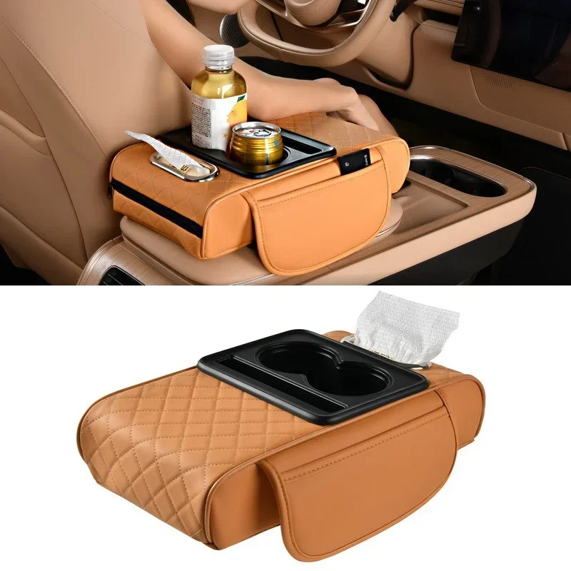

Auto Center Console Armrest Cushion with 2 Cup Holder PU Leather Armrest Pad Portable Car Amrest Pillow Cover Height Pad