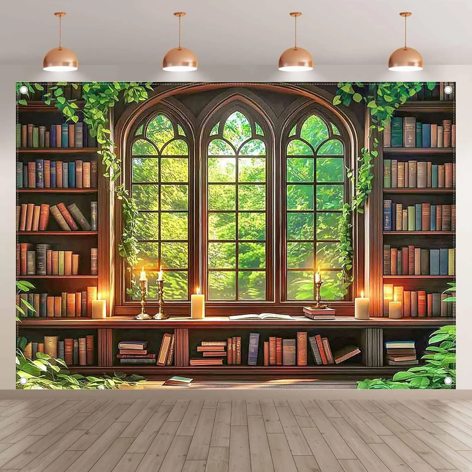 Enchanted Library Window Wall Tapestry Gothic Bookshelf Garden View Reading Room Decor Boho Home Decoration Dreamy Study Scene view 2