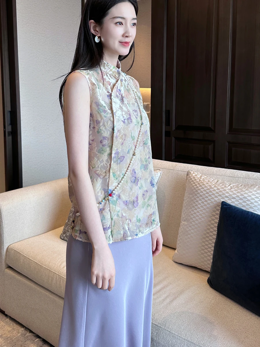 

Xu Beiting Original Design Velvet Svel Stand Collar Full Button up Top Summer Women's Faionable Traditional Chinese S...