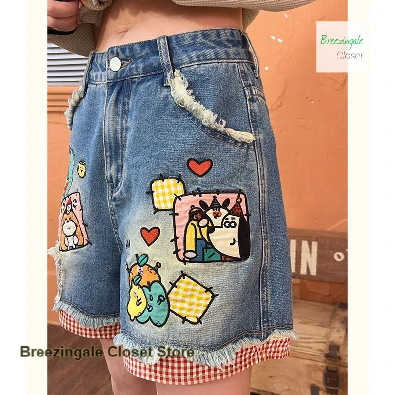 التصميم الأمريكي الكرتون الطباعة الربط منقوشة واسعة الساق الدنيم السراويل النسائية الصيف نمط طفول جديد الإضافية السراويل الساخنة فضفاضة