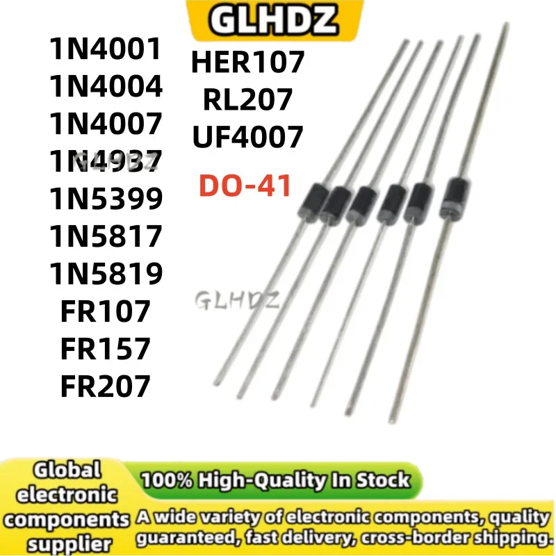 50UNITS 1N4001 1N4004 1N4007 1N4937 1N5399 1N5817 1N5819 FR107 FR157 FR207 HER107 RL207 UF4007 DO-41 In Stock