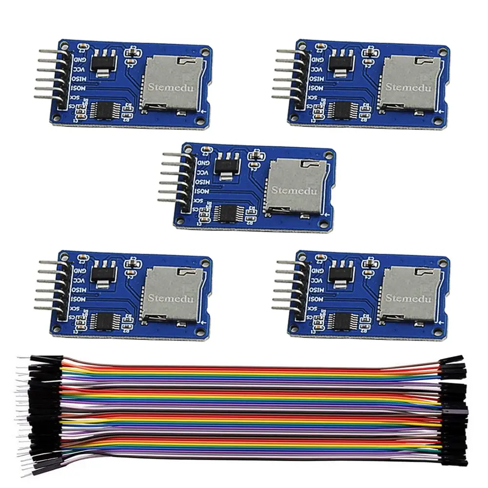 5PCS MicroSD Card Adapter Module - Micro TF Card Reader with SPI Interface & 40P Dupont Wires for Arduino/Breadboard
