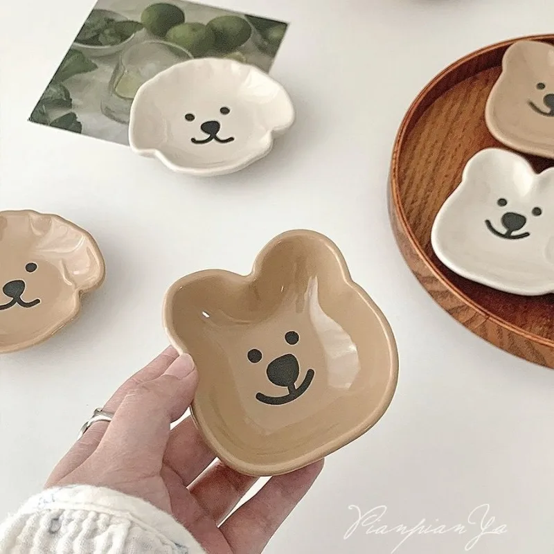 Kawaii Cartoon Ceramics Little Bear Sauce Dish Japanese Creative Household Seasoning Plate Sauce Salad Plate Table Decoration